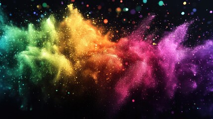 Poster - Abstract powder splatted background featuring a freeze motion effect of color powder exploding with a 3D cartoon rendering of colorful glitter texture on a black backdrop