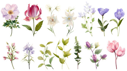 Wall Mural - set of watercolor wildflowers painting isolated on clear png background and transparent background. 