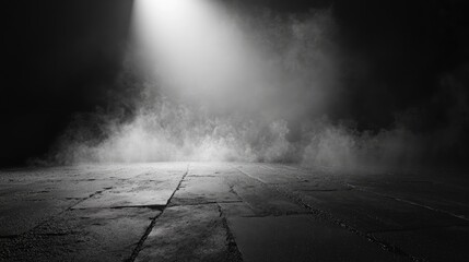 Poster - Grunge asphalt concrete floor with smoke in a dimly lit space featuring a broken street aesthetic Mist against a black backdrop in monochrome