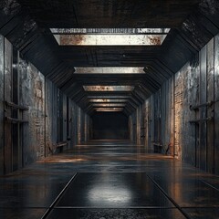 Poster - Sci Fi Grunge Underground Tunnel with Metal Plates and a Dark Room Atmosphere Featuring an Industrial Warehouse Aesthetic in 3D Rendering
