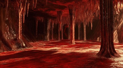 Poster - 3D rendering of stalactites stalagmites and streak formations in an underground cave
