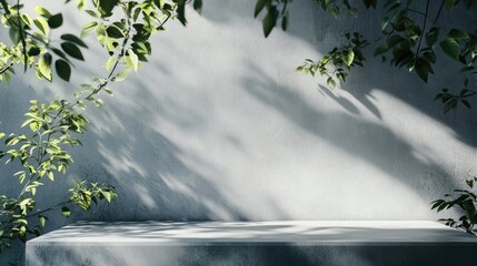 Poster - Abstract 3D render of a minimalistic podium scene Light and shadows from foliage create a play on a textured wall ideal for product presentation or advertising mockups