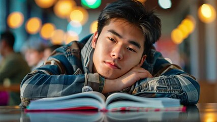 Aufkleber - A young man leans on a book with a contemplative look, immersed in a cozy cafe ambiance filled with soft, warm lights. Many patrons are visible in the background.