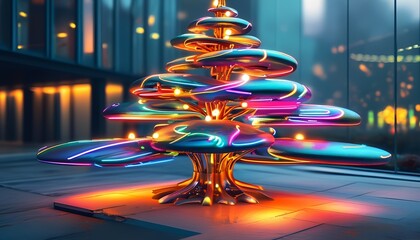 Poster - A surreal fusion of nature and technology the innovative design of a luminescent tree sculpture in a modern urban landscape reflecting creativity and the future of artistry