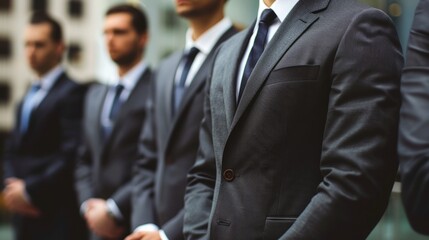 Professional Businessmen in Suits Standing in a Row in Urban Setting with Focus on Elegant Attire and Confident Posture