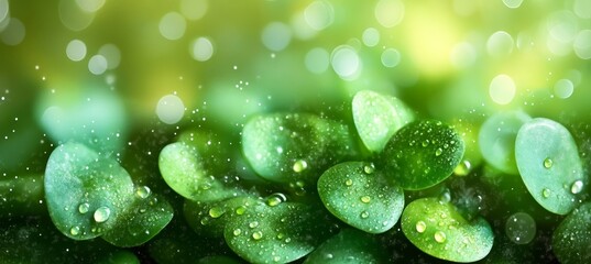 Wall Mural - Emerald Green Leaves Dewdrops A Macro Photography of Lush Foliage with Glistening Water Droplets