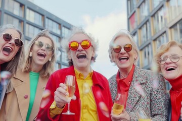 party, holidays, celebration and people concept - group of smiling women in sunglasses with champagne glasses over city background