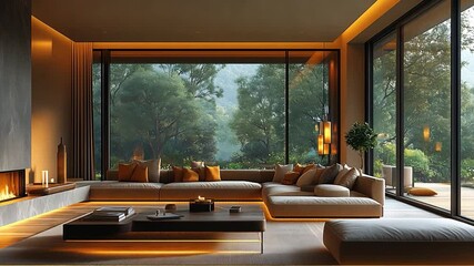 Poster - This cozy living area featuring large windows that open to serene outdoor views and soft lighting.