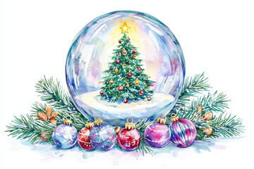 A festive snow globe featuring a decorated Christmas tree surrounded by colorful ornaments and pine branches, evoking holiday cheer.