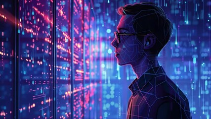 Leinwandbilder - The individual stands against a backdrop of glowing data visualizations, surrounded by streams of colorful light reflecting a high-tech atmosphere in the evening.