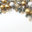 © Zeljko - Merry Christmas and Happy New Year Holiday white banner illustration. Xmas design with realistic 3d objects, christmas tree, golden christmass ball, snowflake, glitter gold