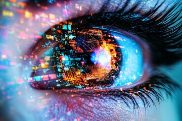 Close-up of an eye with reflections of complex AI algorithms and digital interfaces.