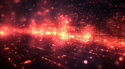 Poster - Vibrant red and orange particles creating a cosmic effect with deep black background illustrating a digital abstract design