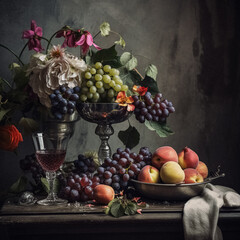 Classic still life composition with a rich arrangement of flowers and fresh fruits and a glass of wine, accented by lush, vintage floral elements