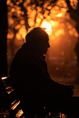 Poster - Silhouette of a Man Sitting on a Bench at Sunset with Warm Golden Light and Bokeh Effect in a Tranquil Park Setting