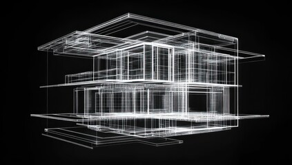 Wireframe Rendering of a Modern House Design