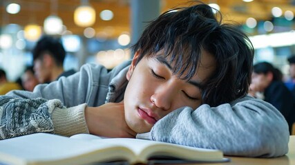 Poster - In a bustling library, a student rests his head on the desk, exhausted after a long study session. Bright lights illuminate the background, showcasing fellow students deep in concentration.