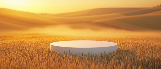 A serene landscape at sunset featuring a circular platform in a golden field, surrounded by rolling hills and warm light.