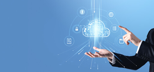 Poster - digital cloud computing concept with businessman interaction.