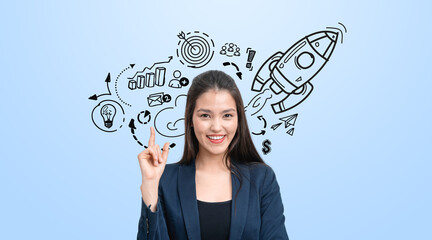 Poster - Businesswoman with Creative Ideas and Rocket Illustration.