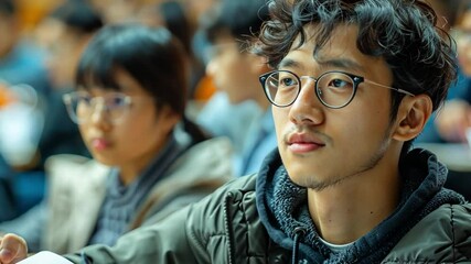 Poster - A young man with curly hair is concentrating during a lecture at a university. He is surrounded by other students, all actively engaged and taking notes.
