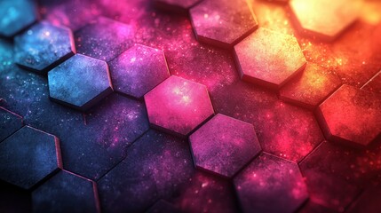 Poster - Colorful hexagonal patterns create a mesmerizing abstract design featuring vibrant shades of purple, blue, and orange