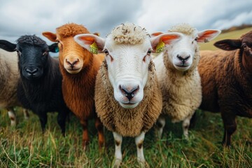 Group of sheep standing on grass field looking at camera