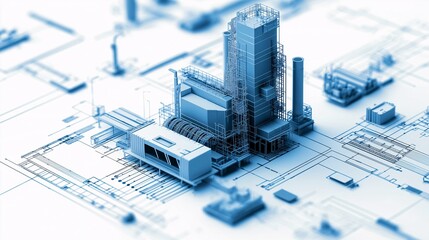 Poster - Smart Factory Blueprint:  A futuristic, detailed 3D rendering of a high-tech industrial complex, seamlessly integrated with intricate circuit board design.