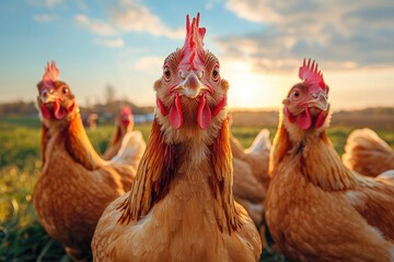 Free range chickens roaming and pecking on a farm at sunset