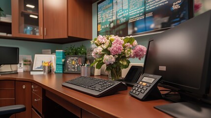 Poster - A beautifully organized customer service desk with a phone, keyboard