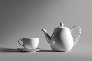 Poster - A minimalist setting features a white tea kettle beside a cup and saucer, inviting a tranquil tea experience in soft light. Generative AI
