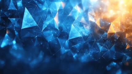 Poster - Abstract geometric pattern featuring glowing blue and orange triangular shapes in a digital space