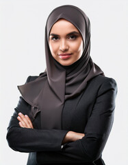 Portrait of muslim female business woman in hijab isolated.