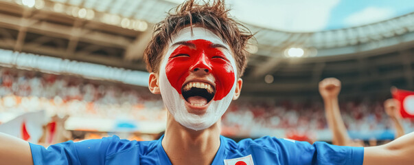 Wall Mural - Excited Japanese Soccer Fan Celebrating Victory with National Colors. A young Japanese male with light skin and painted face, smiling broadly, passionately cheering during a football match.
