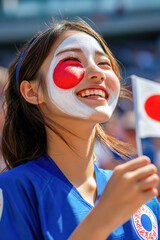 Wall Mural - Excited Female Fan Waving Japan Flag. A young Japanese woman with long brown hair and face paint of Japan's flag, smiles while holding a small Japanese flag at a football match.
