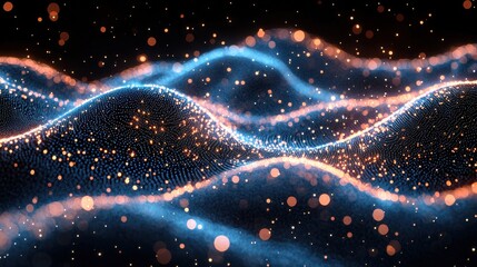 Poster - Colorful abstract wave patterns glowing with blue and orange light in a dark background creating a mesmerizing visual effect