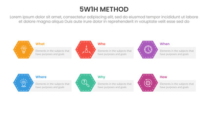 Poster - 5w1h analysis infographic with rectangle box and hexagon badge with 6 step points for slide presenta