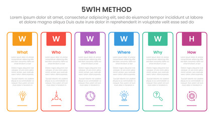 Poster - 5W1H analysis infographic with outline tall box creative header badge with 6 step points for slide presentation