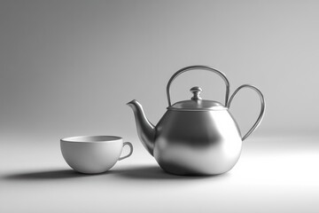 Poster - A polished tea kettle rests gracefully next to a simple white cup, illuminated by gentle natural light in a serene setting. Generative AI