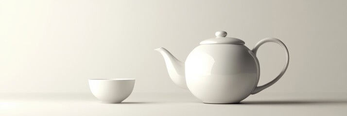 Poster - The elegant white tea kettle sits beside a small cup, creating a peaceful atmosphere perfect for enjoying a warm beverage in tranquility. Generative AI