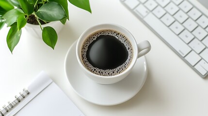 Steaming Coffee Cup on White Desk with Plant and Keyboard: Modern Workspace Ambiance