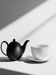 Aufkleber - A sleek black kettle and a simple white cup sit elegantly on a table, highlighted by natural light casting sharp shadows. Generative AI