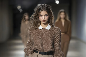 Model in brown sweater walking down the runway.