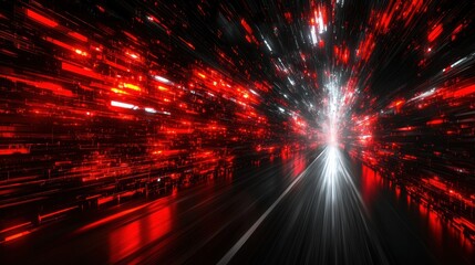 Dynamic red and white light burst across a dark road, capturing movement and speed during an abstract nighttime journey