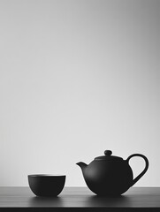 Poster - A black kettle pours tea into a matching cup on a wooden table, creating a serene atmosphere perfect for a cozy morning. Generative AI