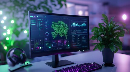 Poster - A clean, modern workspace with a green plant, a headset, and a glowing monitor