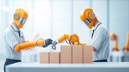 Poster - Robotic Assembly Line: Two humanoid robots, clad in futuristic suits, collaborate with precision, carefully assembling packages on a modern production line.