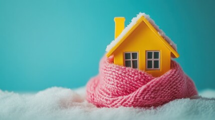 Yellow house wrapped in pink scarf, winter serenity.