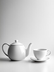 Poster - A white tea kettle and matching cup are positioned on a smooth surface, creating a calm atmosphere ideal for enjoying tea. Generative AI