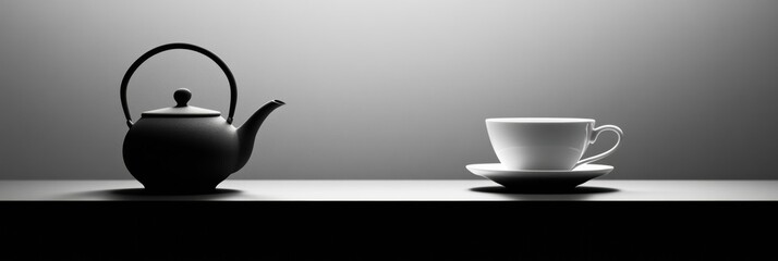 Aufkleber - A tea kettle stands next to a delicate cup on a sleek tabletop, creating a tranquil atmosphere perfect for a calming tea break. Generative AI